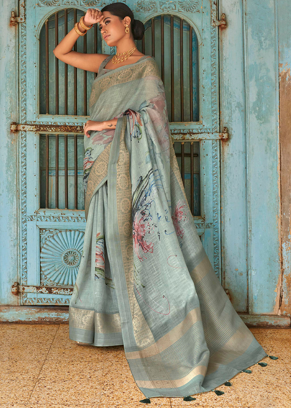 Edward Green Floral Printed Linen Silk Saree