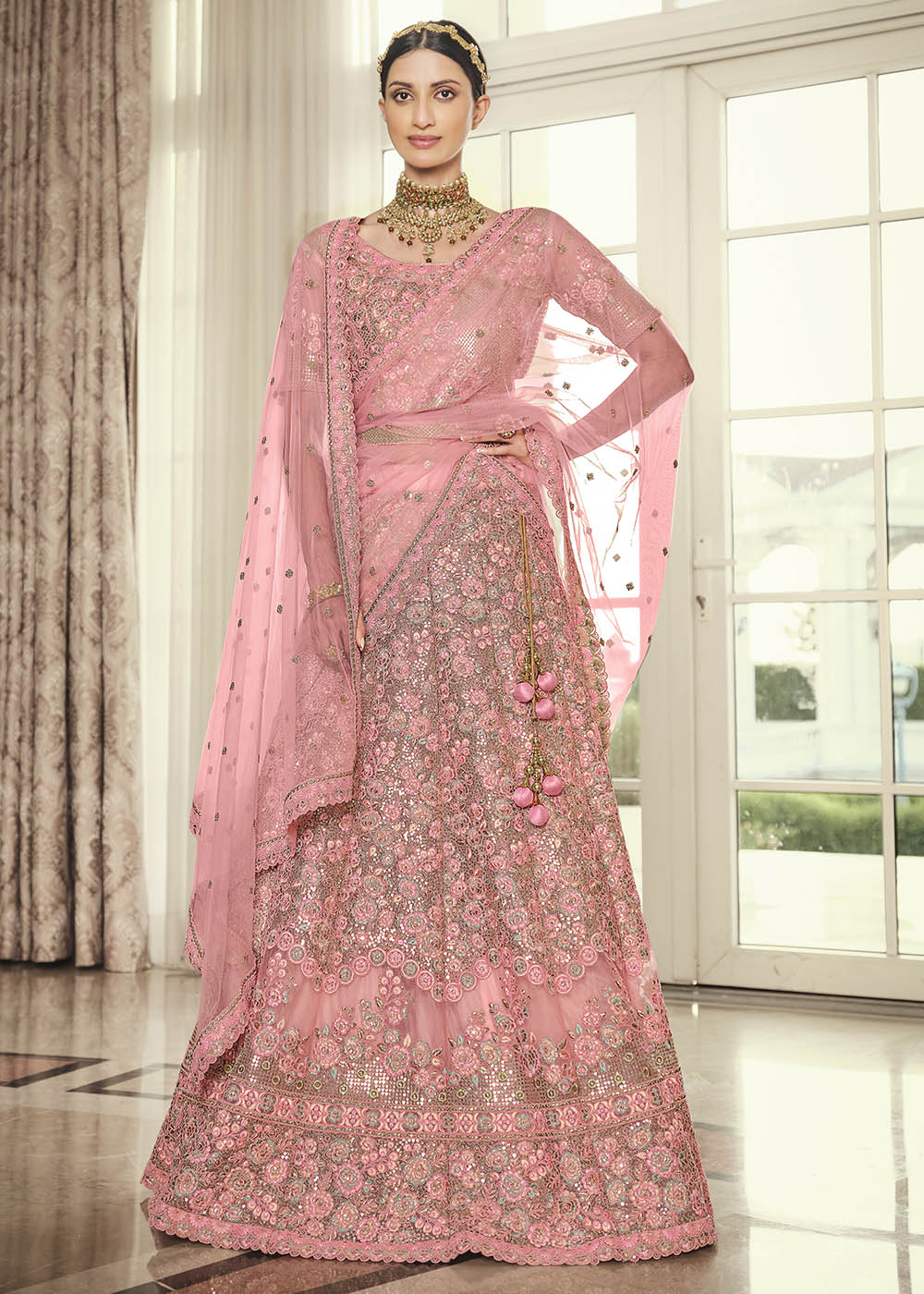 Sundown Pink Net Designer Lehenga With Heavy Embroidered Work