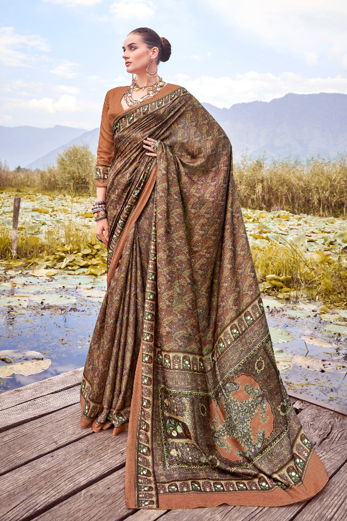 Mongoose Green and Brown Printed Pashmina Silk Saree