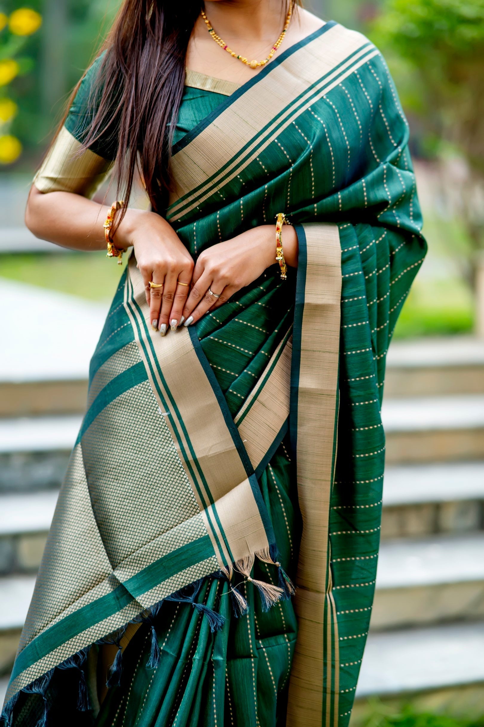 Jade Dark Green Woven Raw Silk Saree