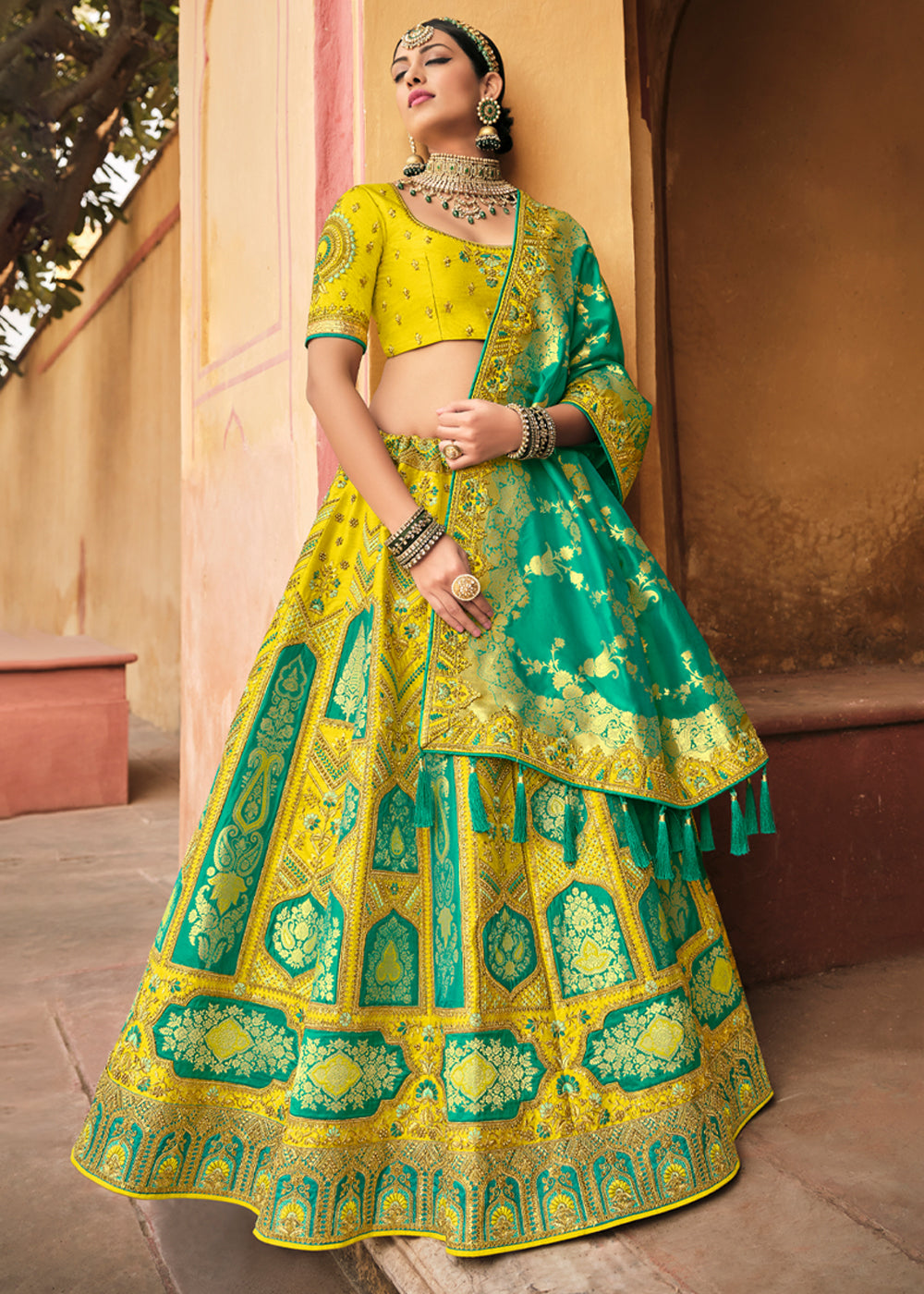 Pine Yellow and Blue Heavy Embroidered Lehenga