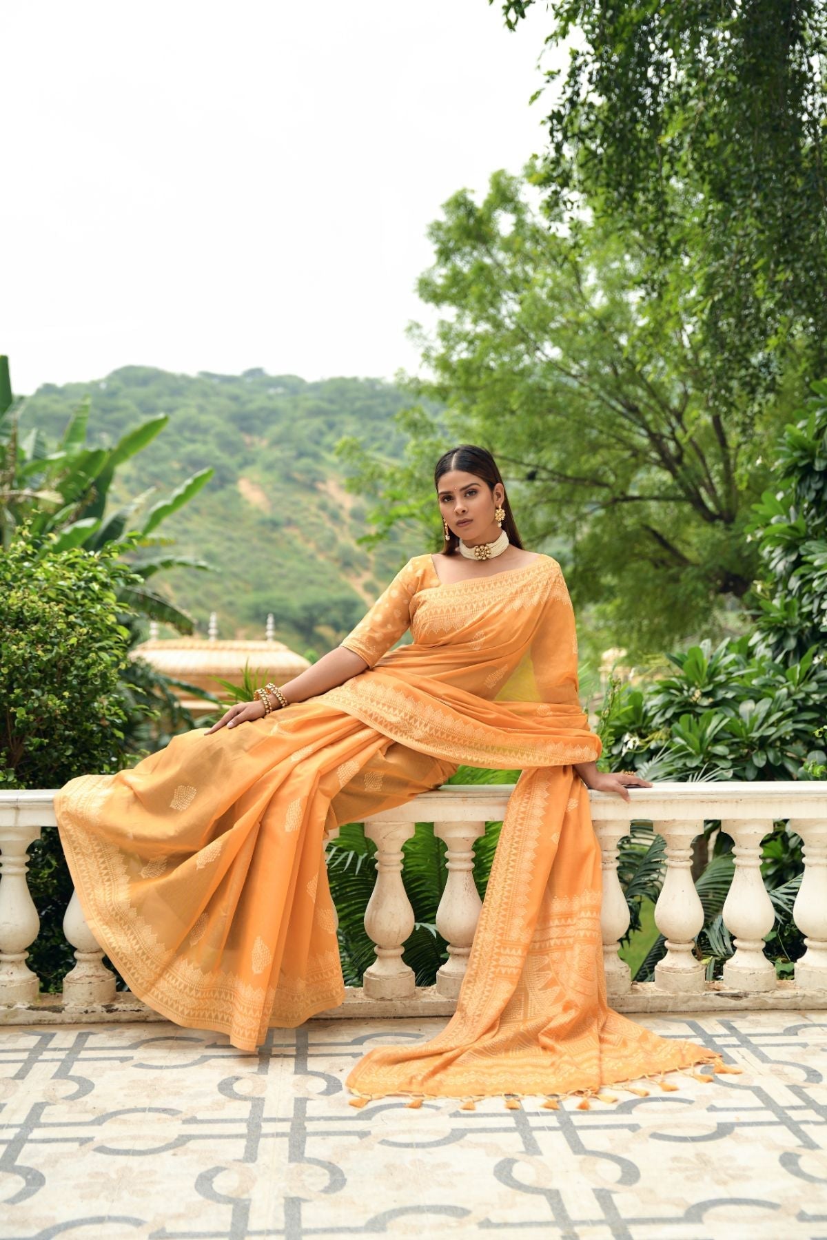 Salomie Yellow Lucknowi Cotton Saree