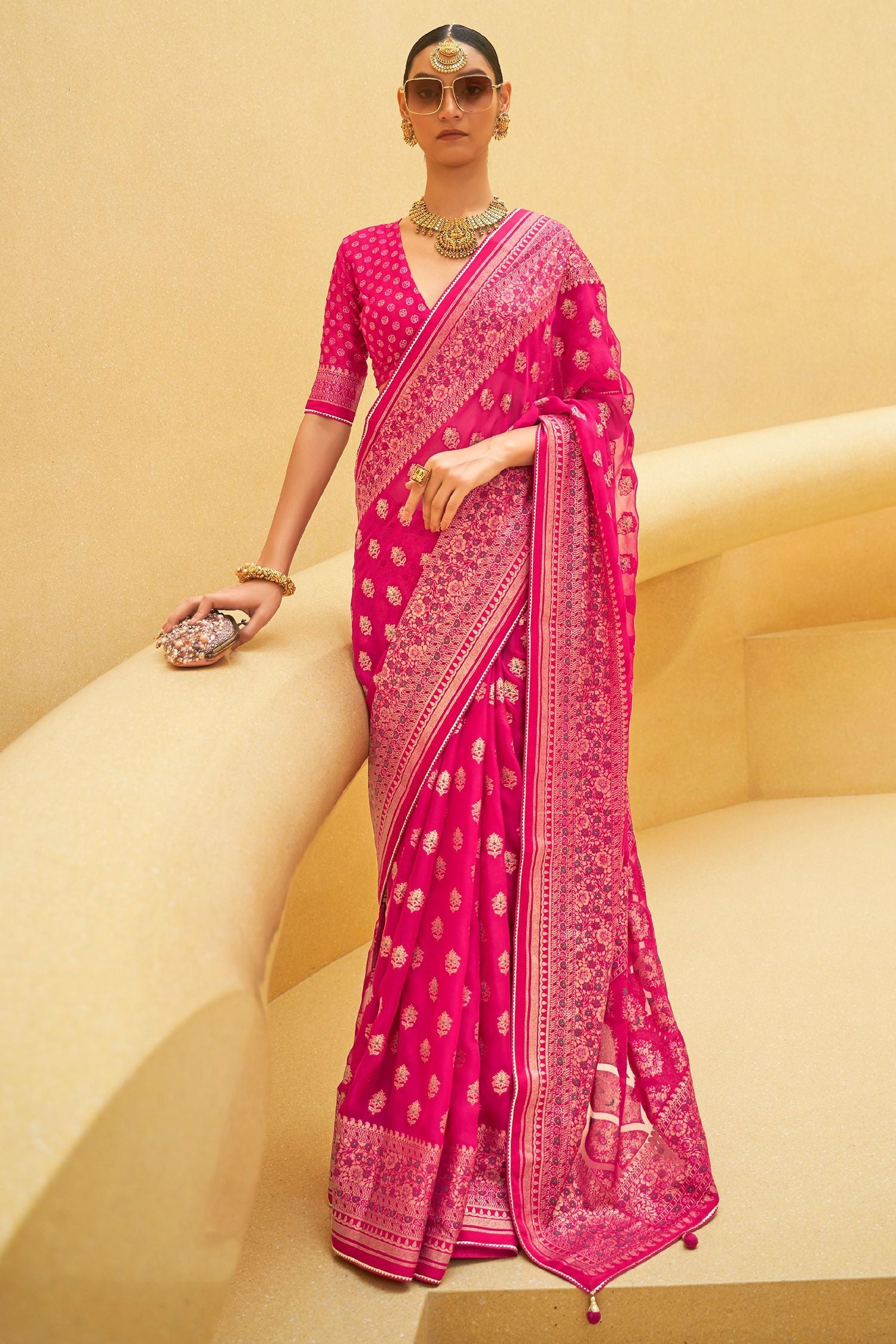 Brick Pink Zari Woven Brasso Organza Saree