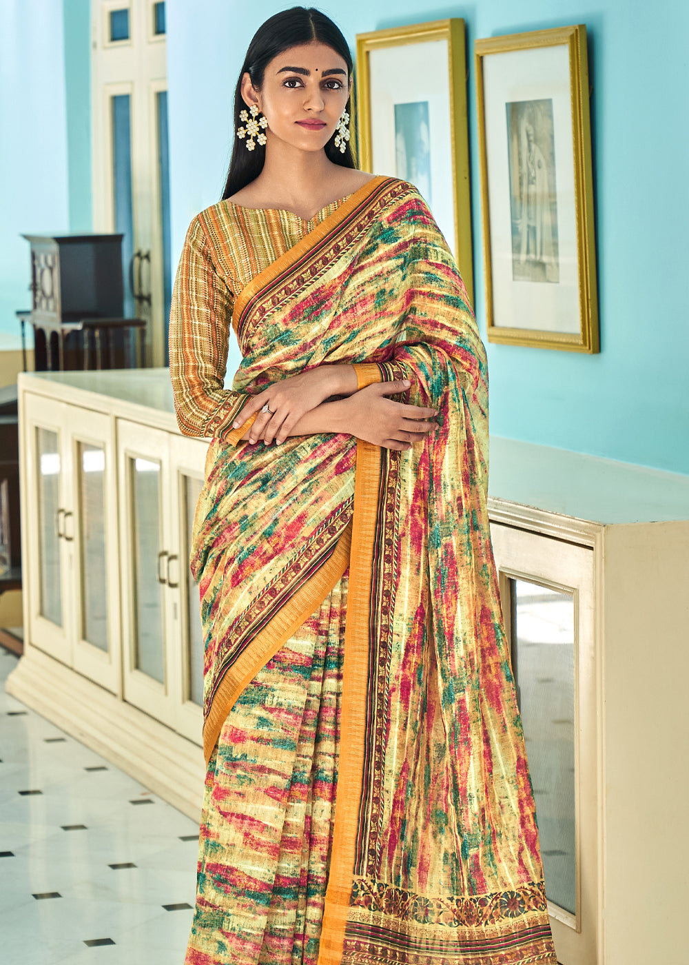 Harvest Yellow Printed Linen Saree