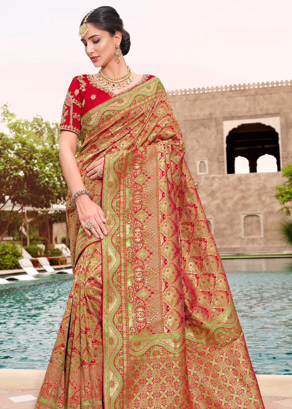 Brass Red and Golden Woven Designer Banarasi Silk Saree