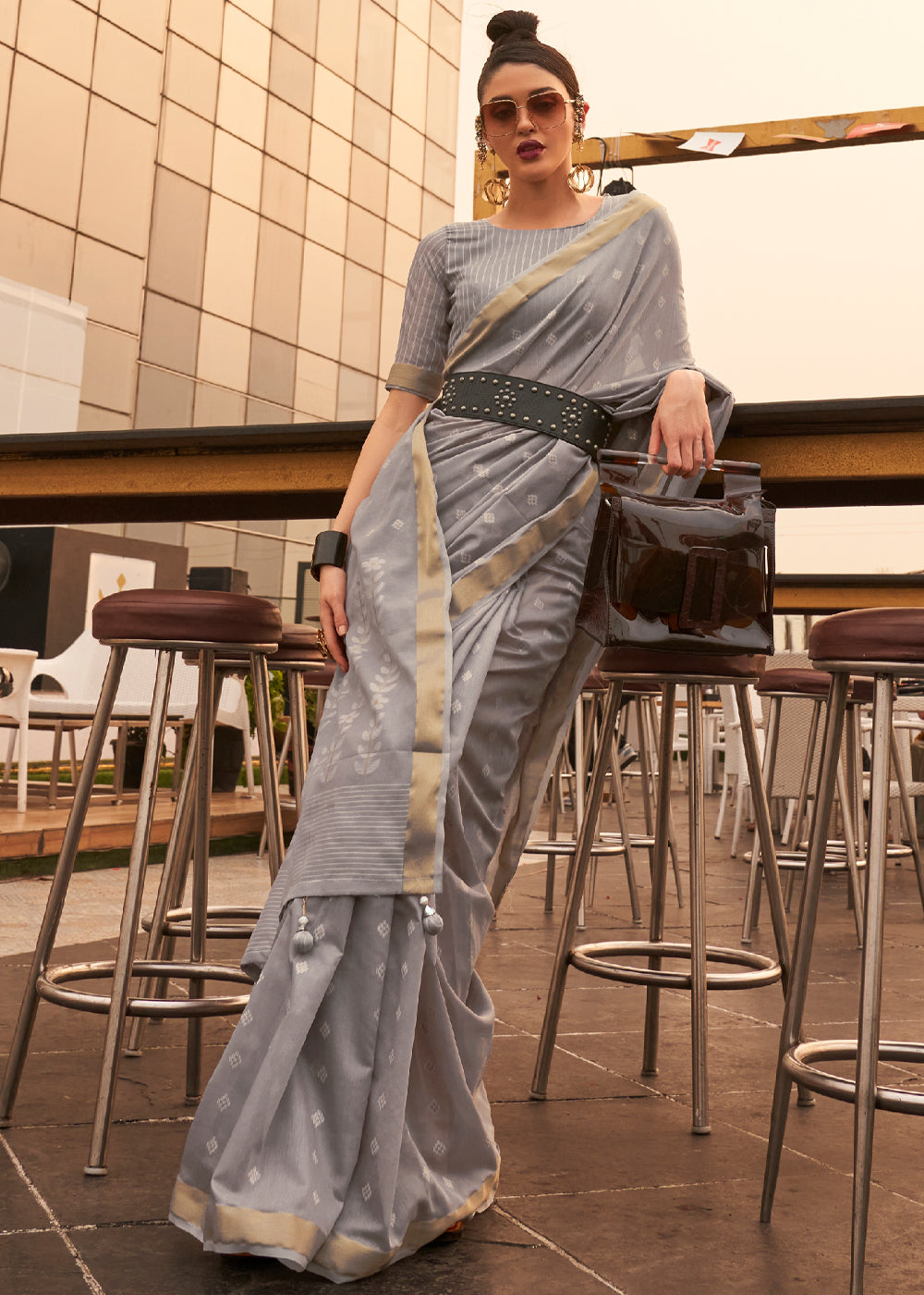 Spicy Grey Zari Woven Banarasi Cotton Saree