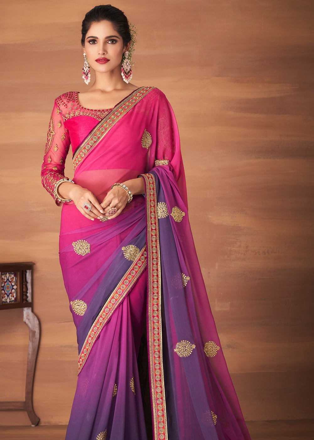 Plum Pink and Purple Designer Saree with Embroidered Blouse