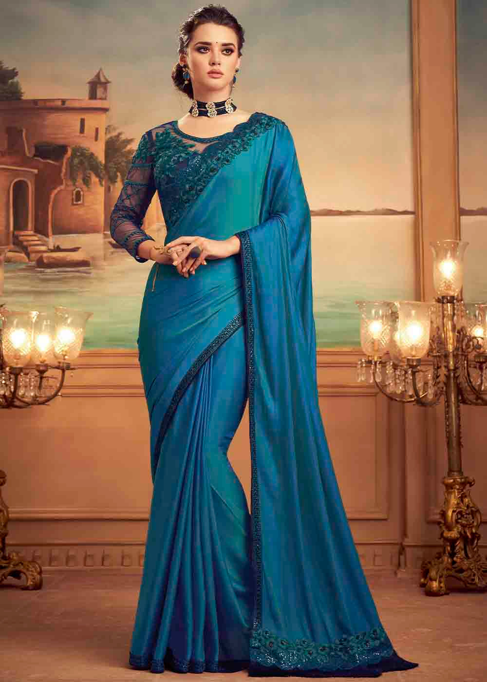 Calypso Blue Embroidered Satin Silk Designer Saree