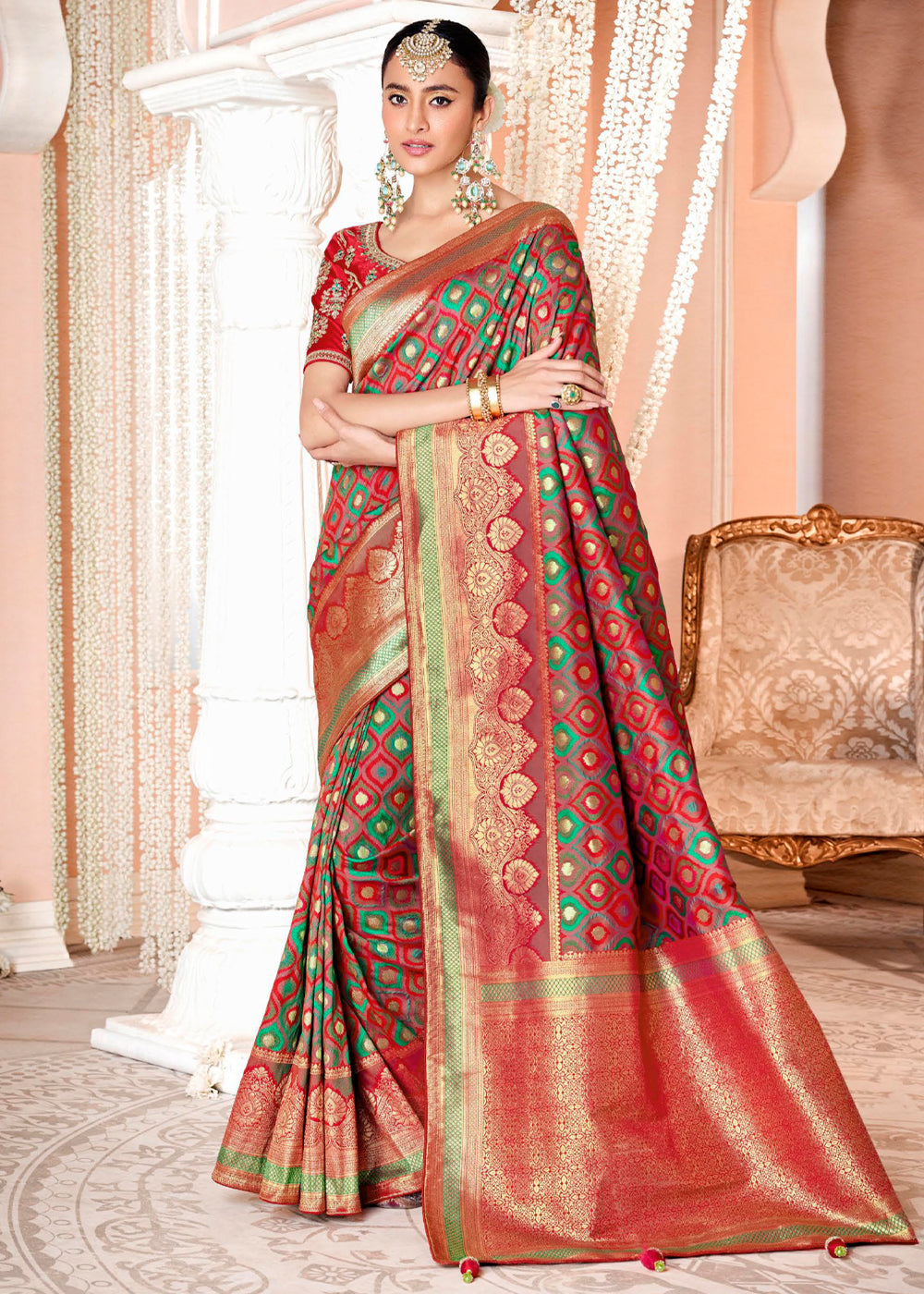 Roof Terracotta Red Zari Woven Banarasi Saree with Designer Blouse