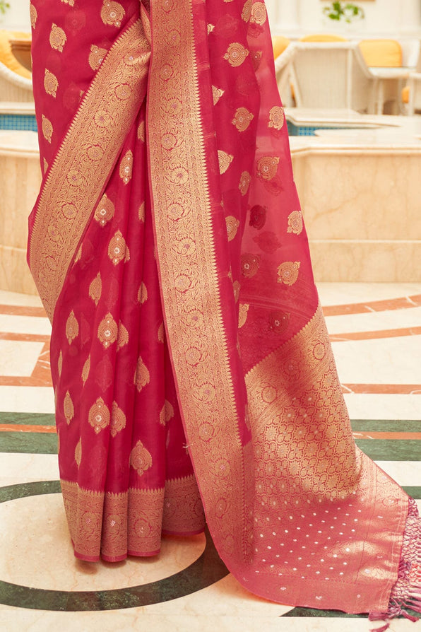 Chestnut Red Zari Woven Organza Silk Saree