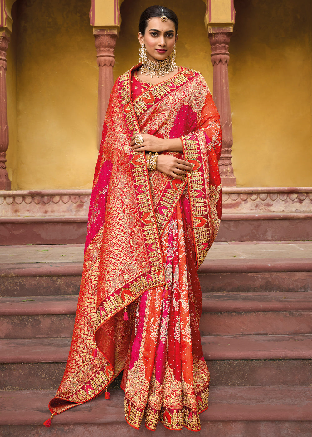 Cinnabar Orange and Red Embroidered Dola Silk Saree