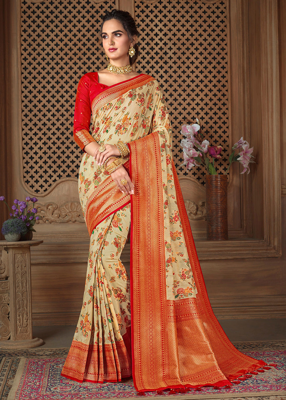 Gold Sand Cream and Red Zari Woven Banarasi Saree