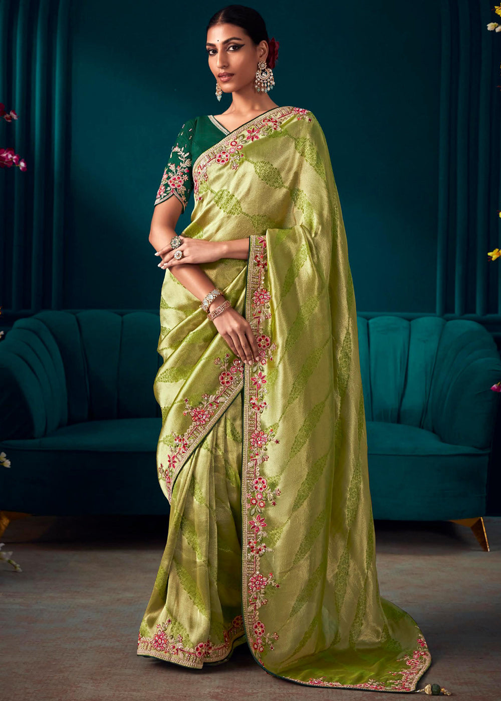 Peridot Green Woven Embroidered Banarasi Silk Saree