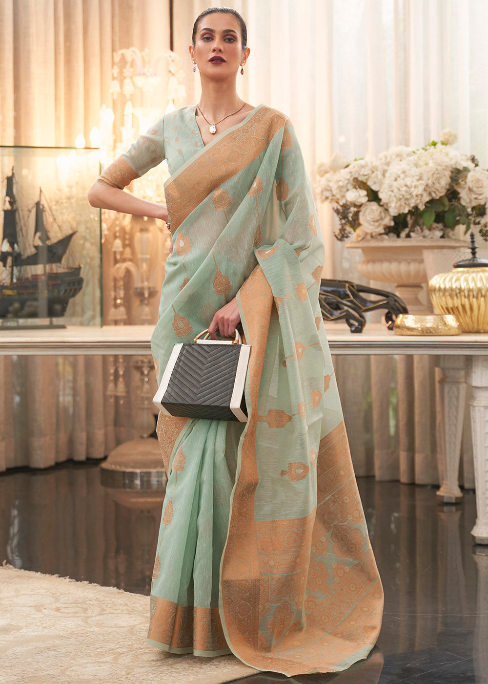 Clay Ash Green Zari Woven Linen Saree