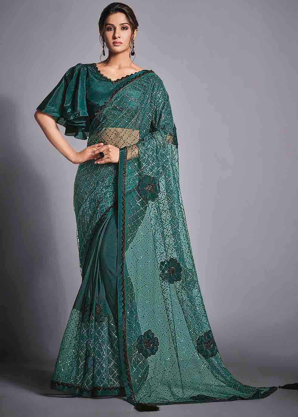 Steel Teal Green Designer Lycra Saree with Embroidery Work