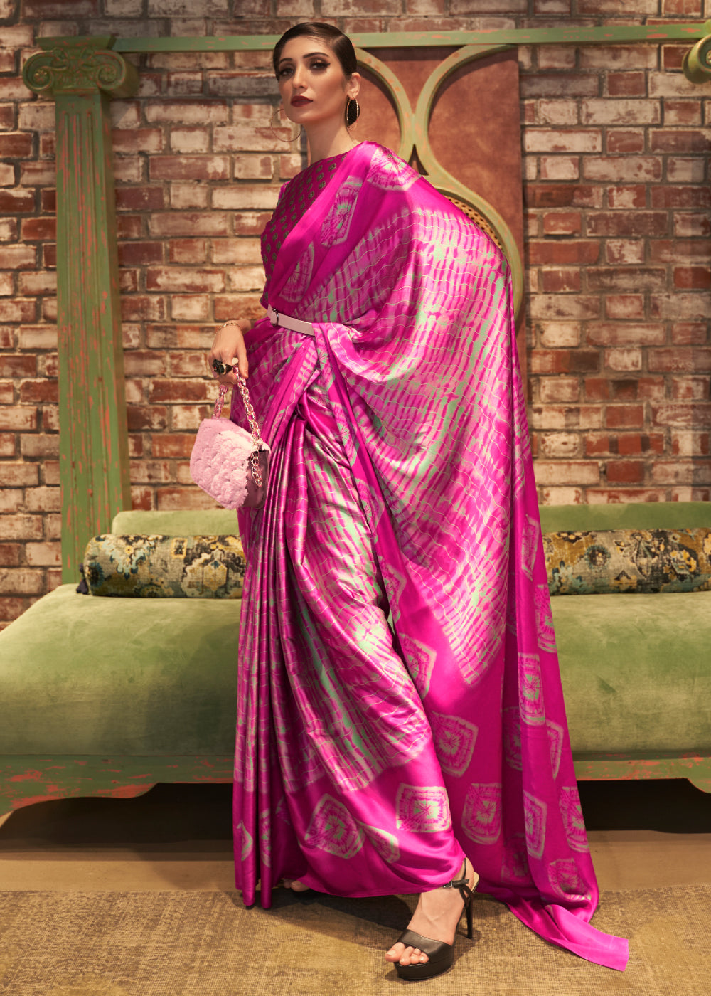 Blush Pink Printed Satin Silk Saree