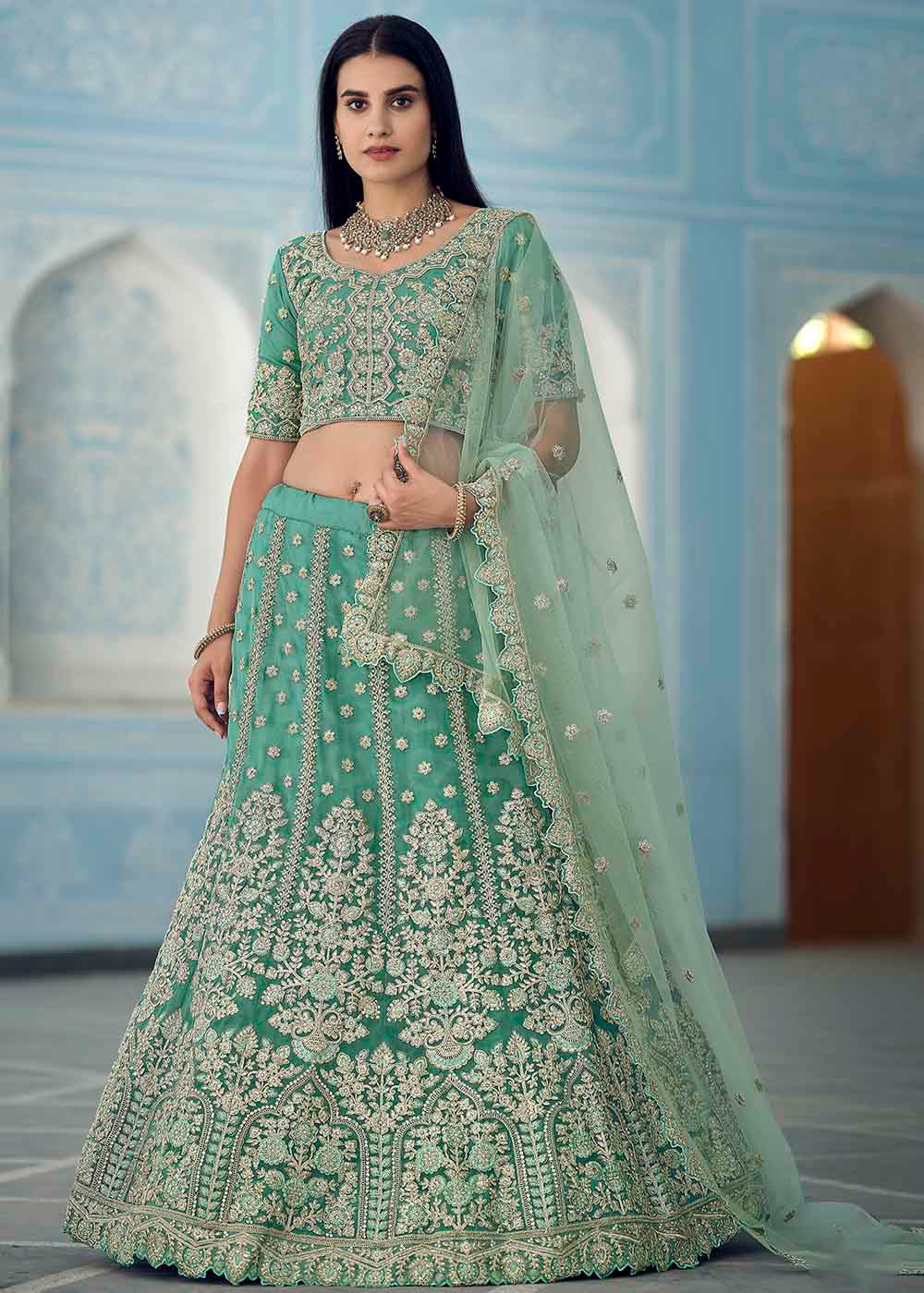 Patina Green Organza Lehenga Choli