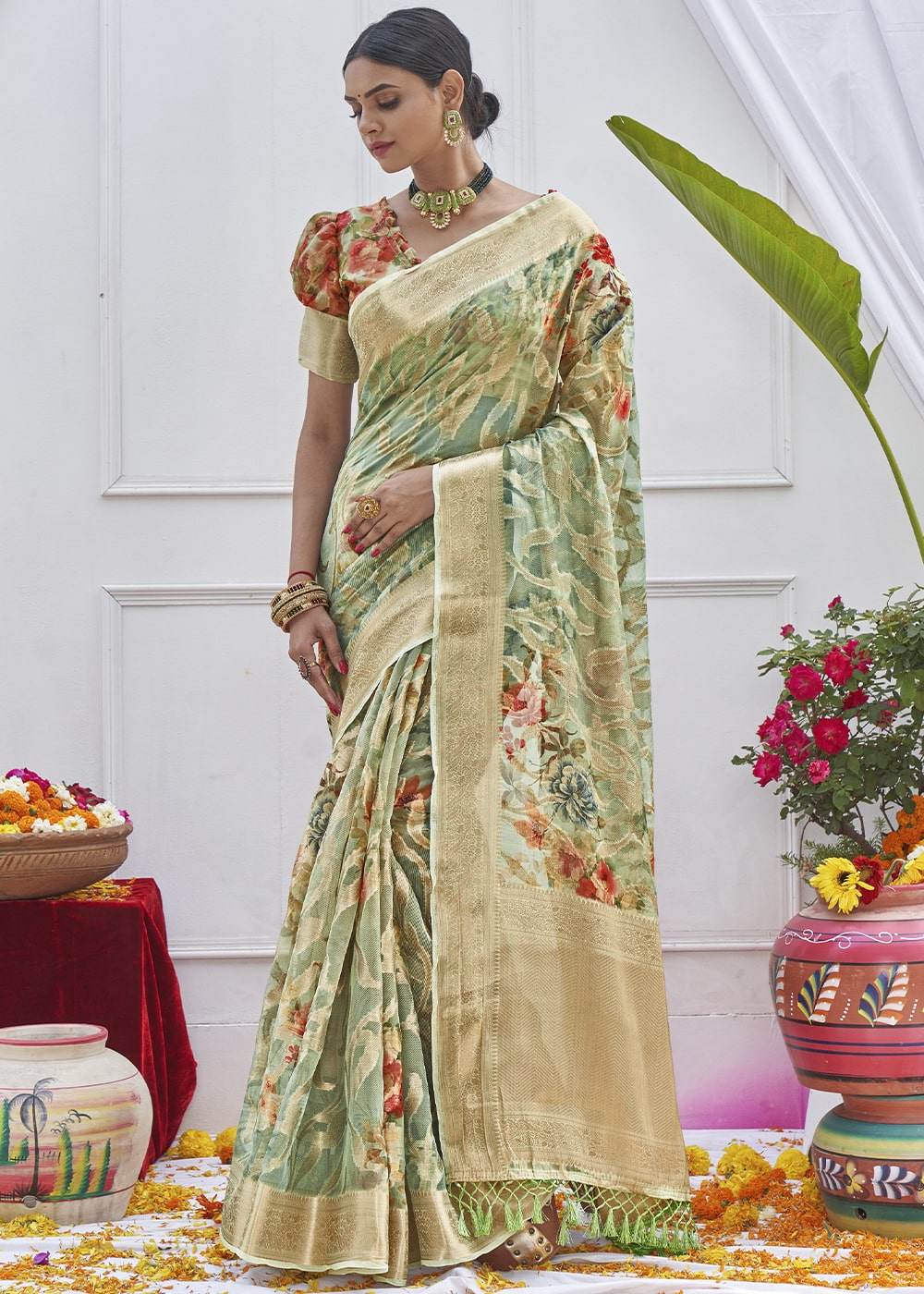 Hillary Green Digital Printed Organza Silk Saree