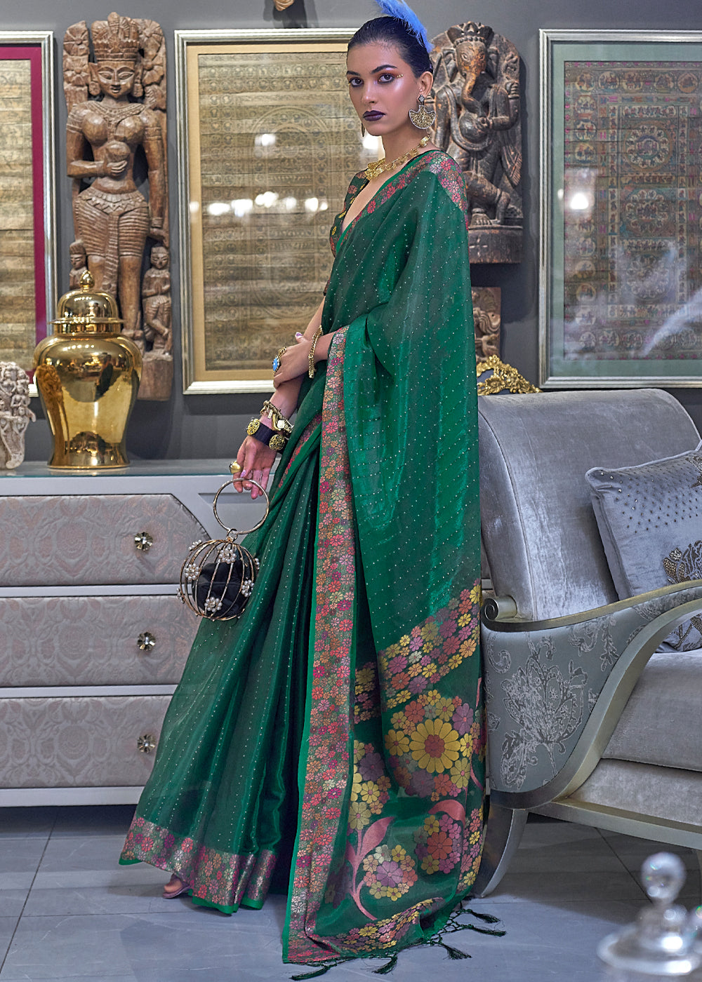 Watercourse Green Woven Dual Tone Organza Banarasi Silk Saree