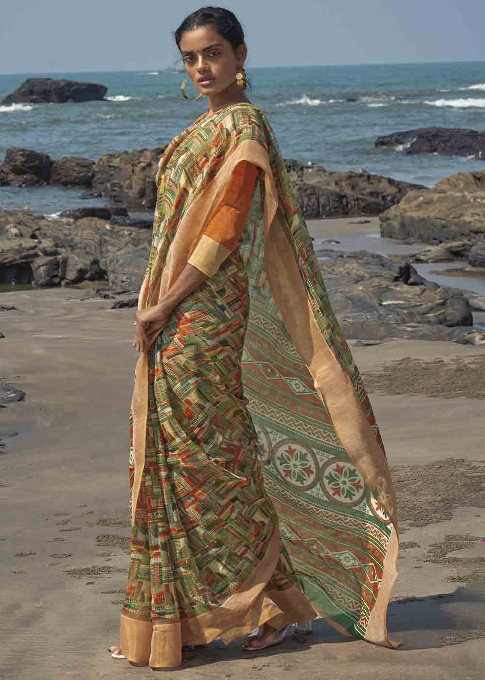 Green Smoke and Orange Printed Cotton Saree