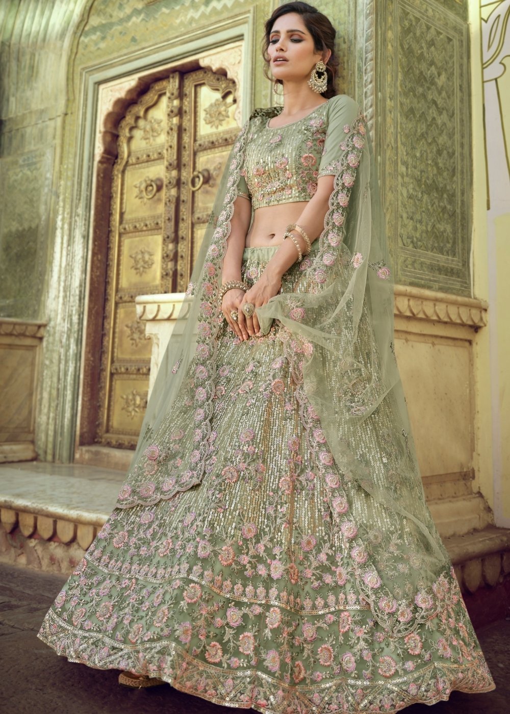 Hillary Green Soft Net Designer Lehenga Choli