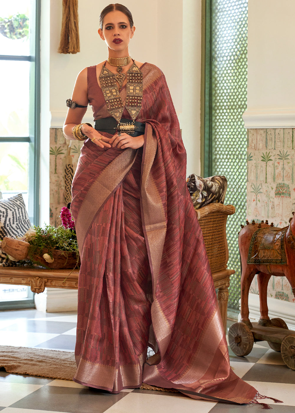 Sanguine Brown Handloom Organza Silk Saree by bollywood actress Kalki Koechlin