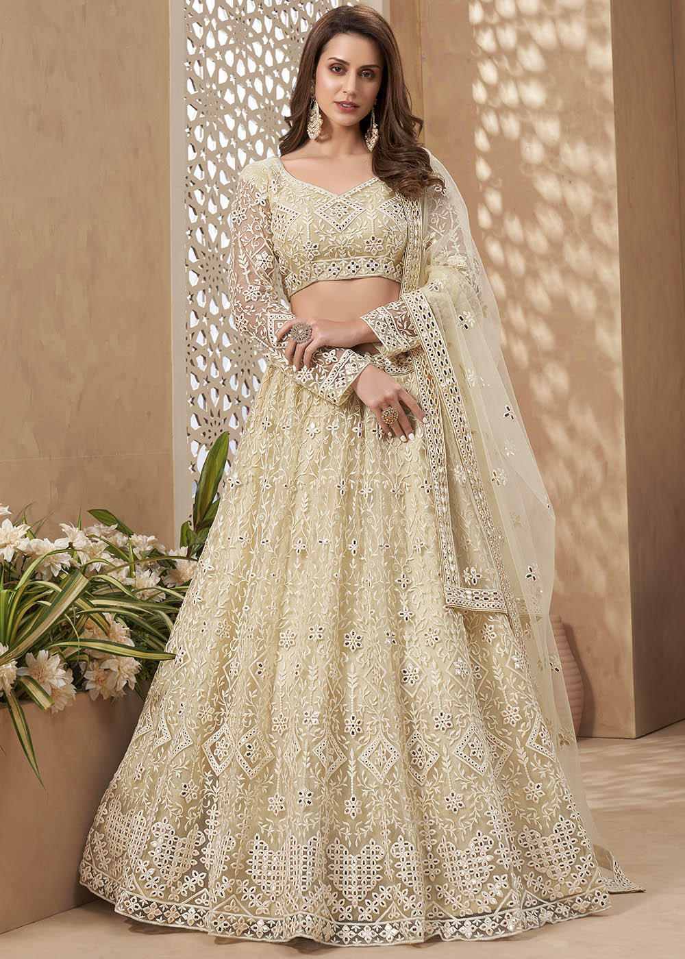 Pavlova Light Yellow Designer Net Lehenga with Multi Thread Embroidery Work