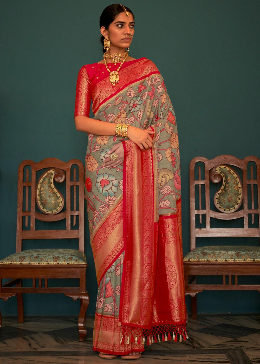 Norway Grey and Red Woven Banarasi Tussar Silk Kalamkari Saree