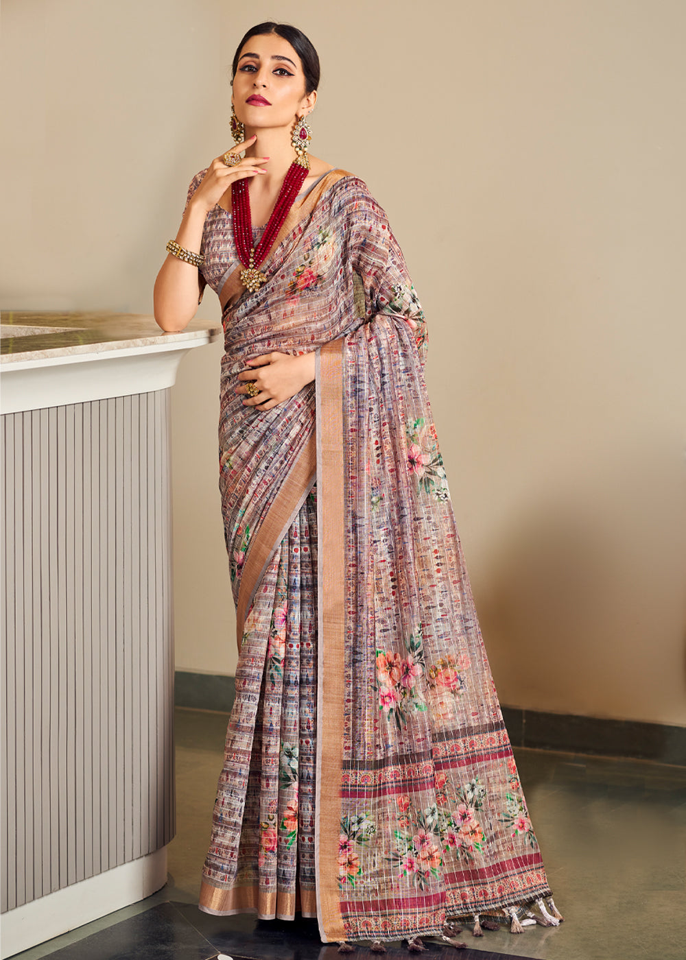 Del Rio Lavender Linen Saree with Digital Print