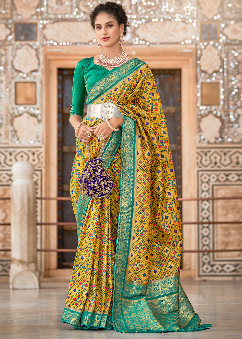 Chenin Yellow and Green Zari Woven Patola Saree