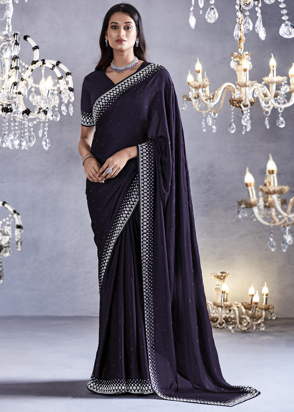 Bastille Black Woven Embroidered Satin Silk Saree