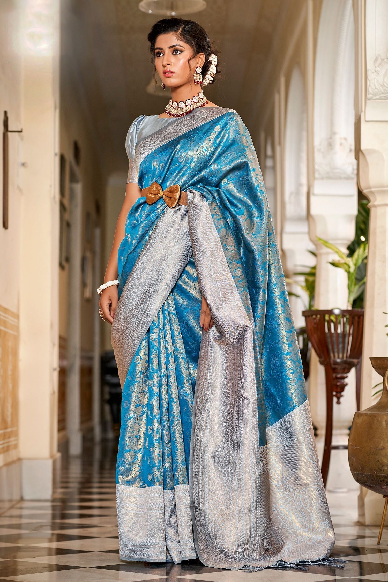 Aquamarine Blue Silver Woven Banarasi Silk Saree