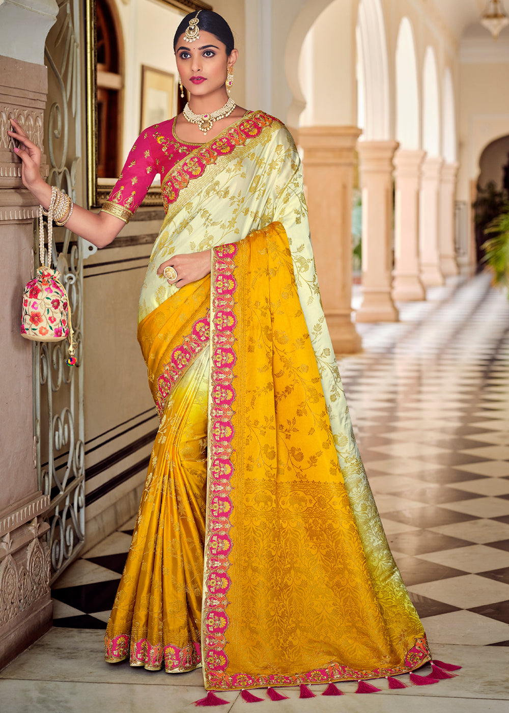 Raffia White and Yellow Zari Woven Designer Banarasi Saree