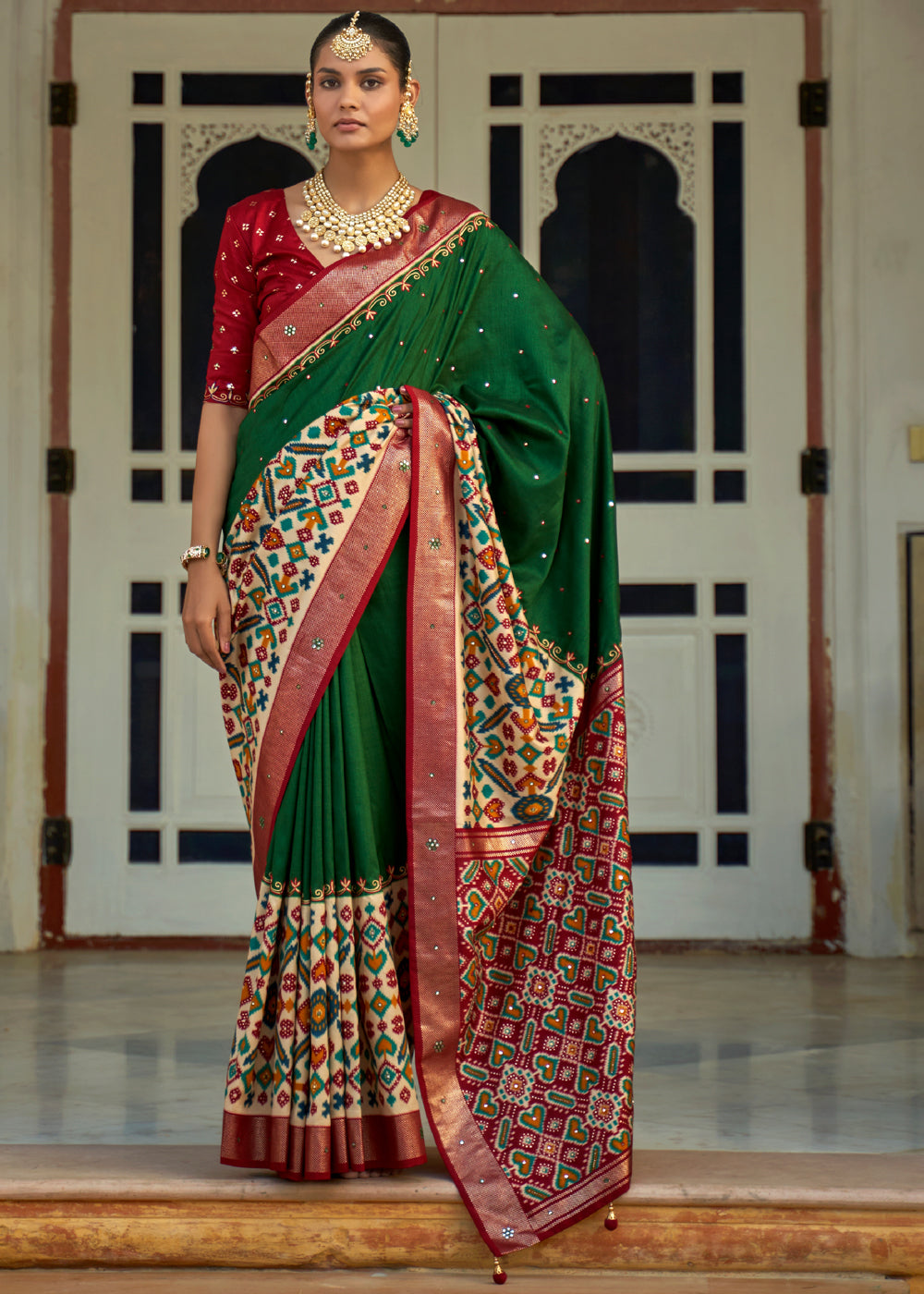 Jewel Green and Red Woven Patola Silk Saree