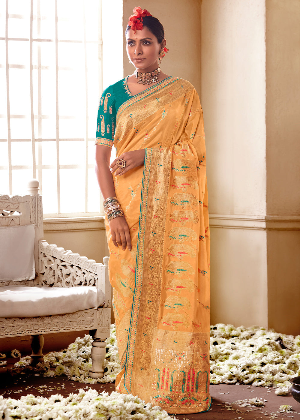 Sandy Orange and Green Banarasi Saree with Designer Blouse