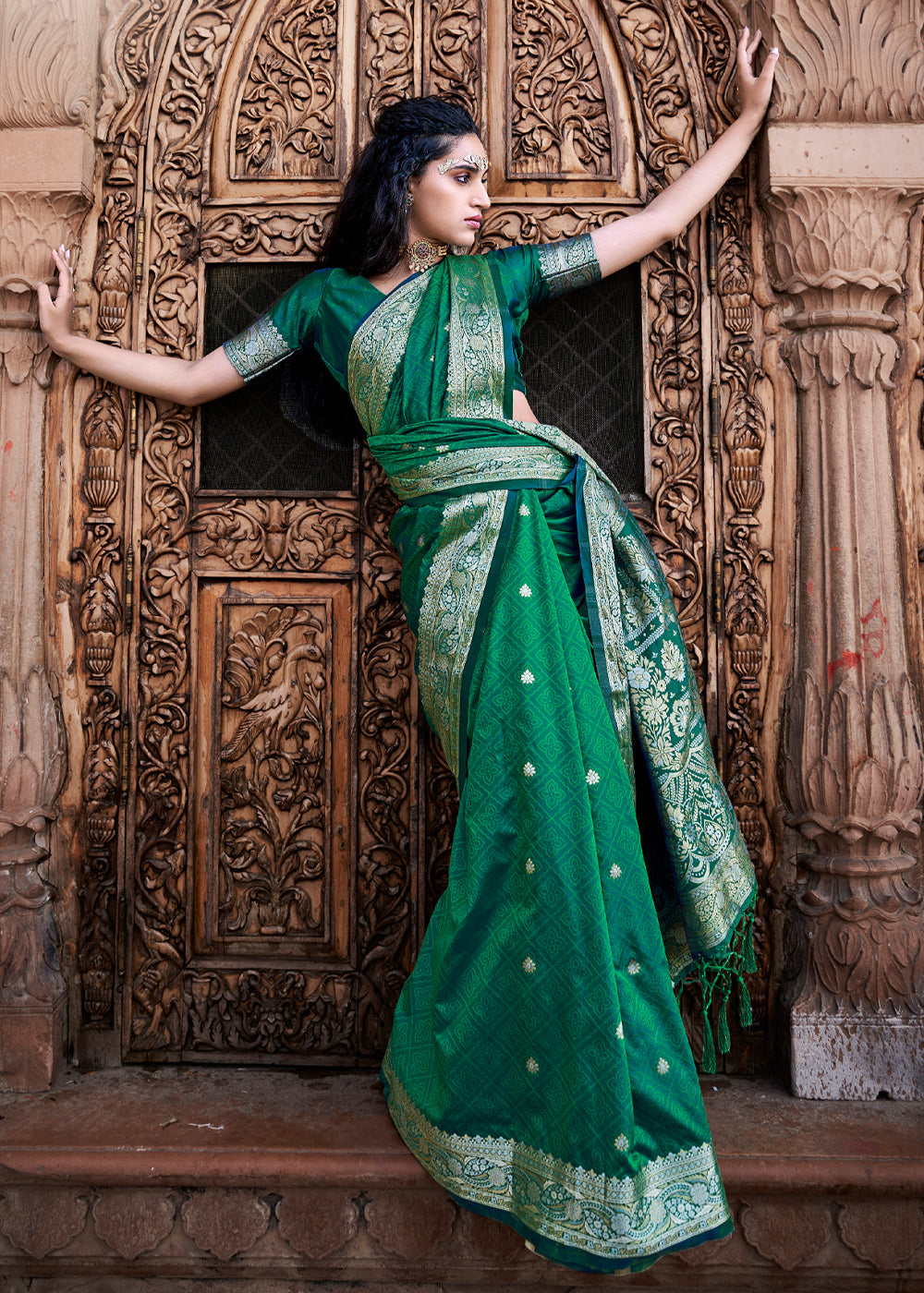 Emerald Green Woven Banarasi Satin Silk Saree