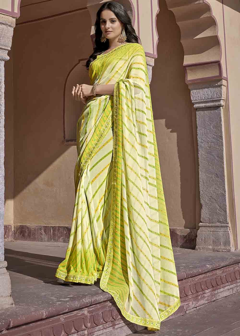 Turmeric Green Yellow Printed Georgette Saree