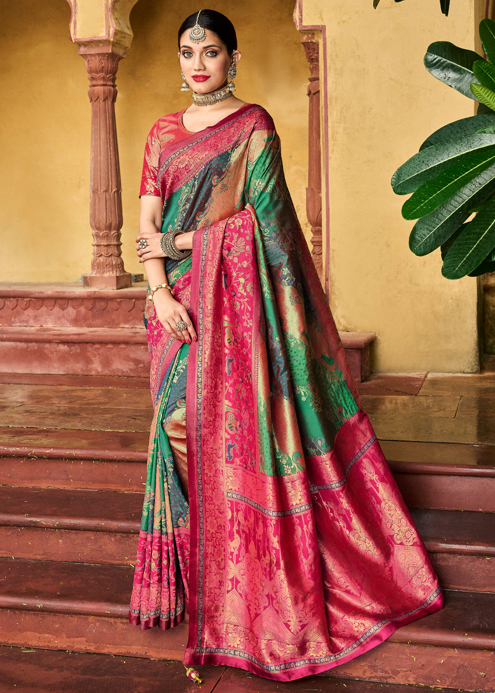 Jade Green and Pink Designer Banarasi Saree