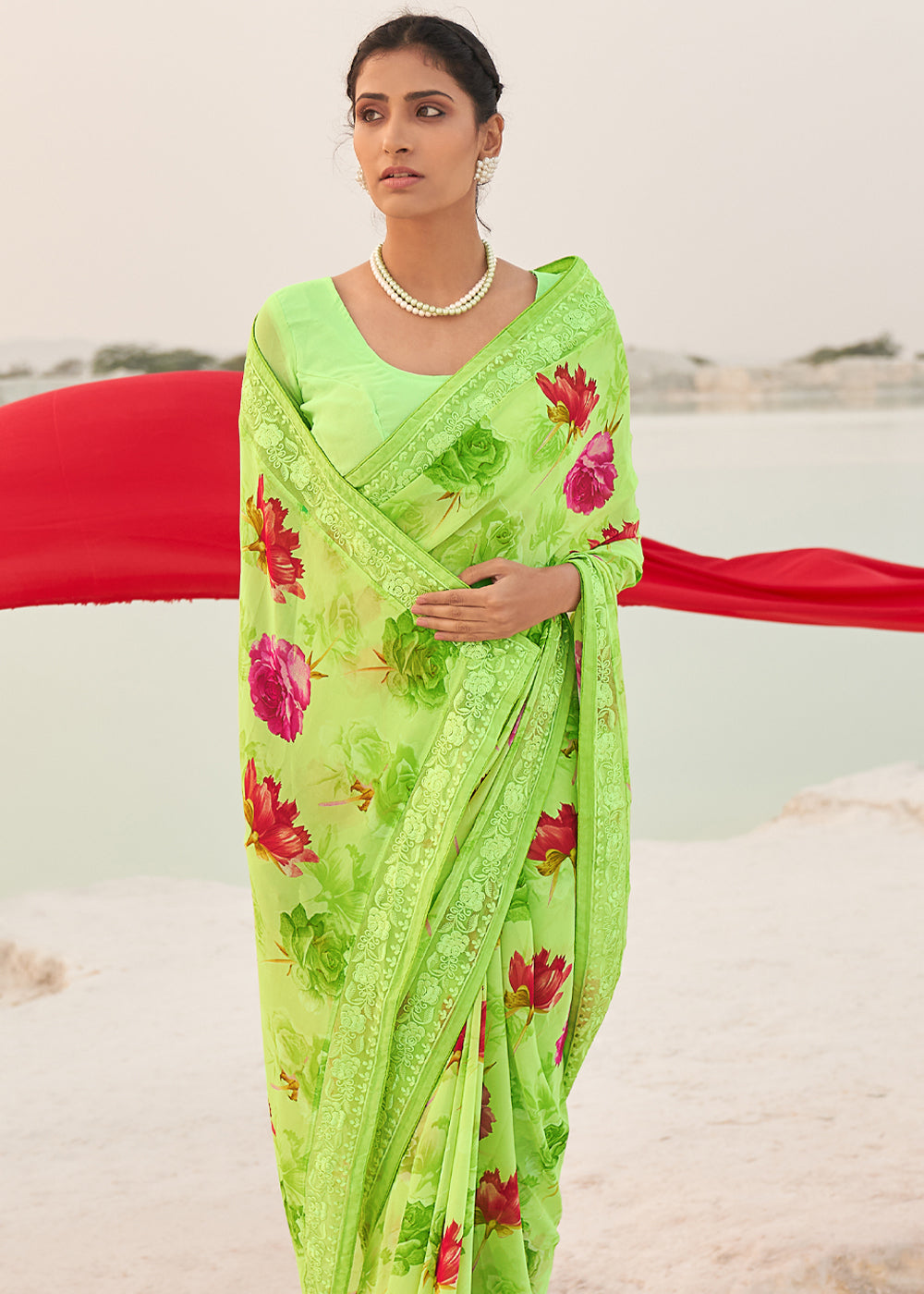 Conifer Green Digital Printed Chiffon Saree