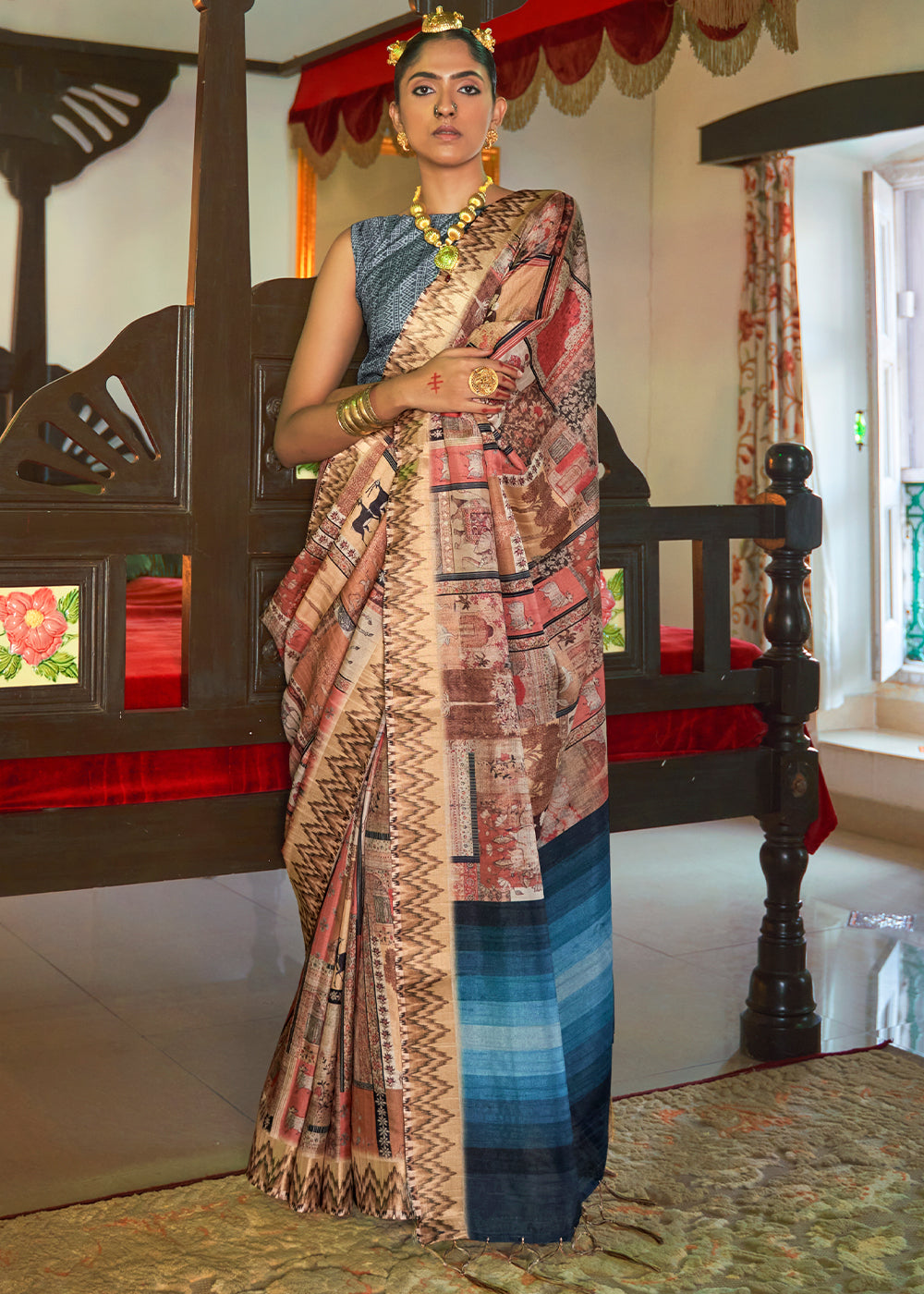 Copper Brown and Blue Digital Printed Silk Saree