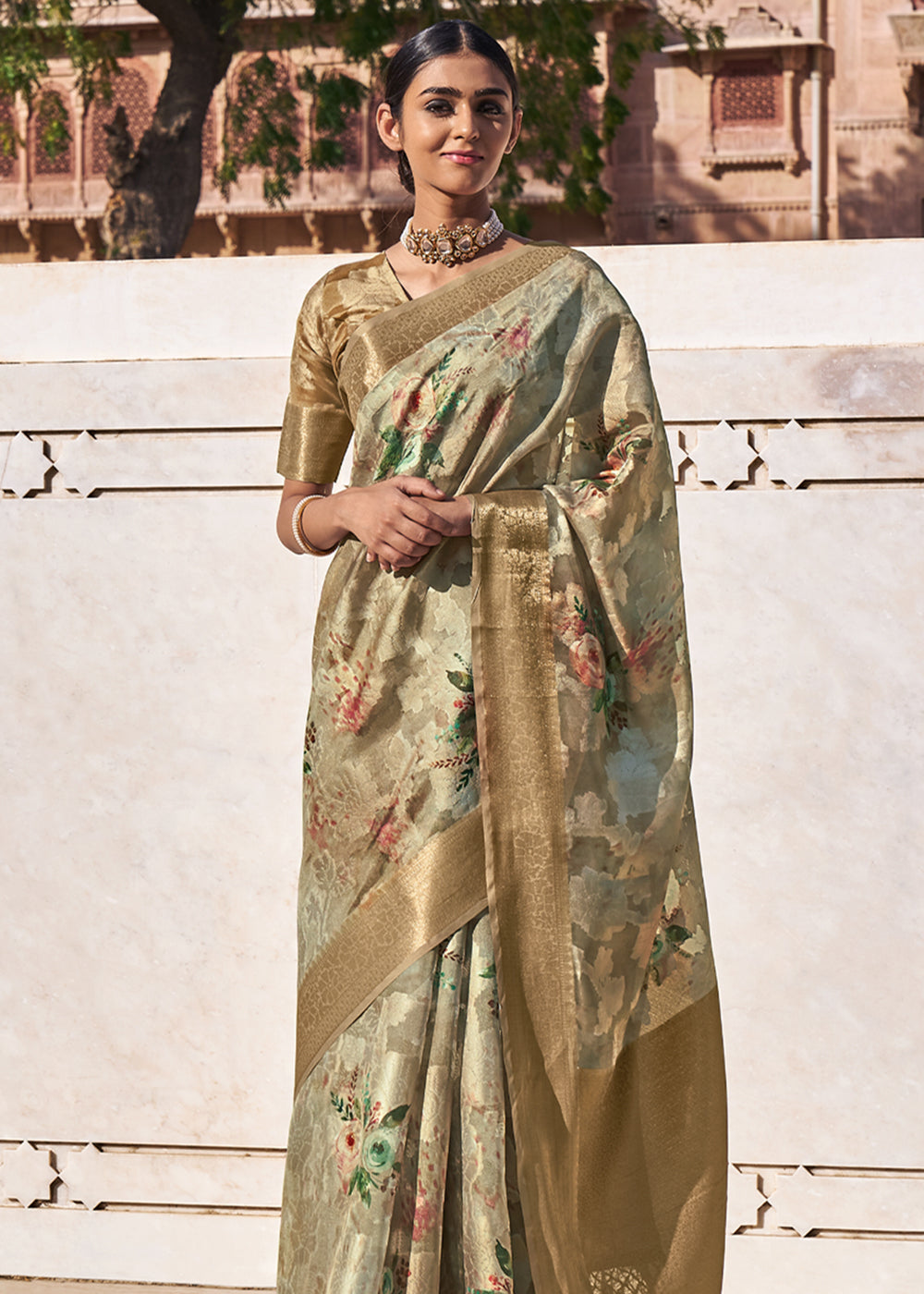 Yuma Green Digital Printed Banarasi Cotton Saree