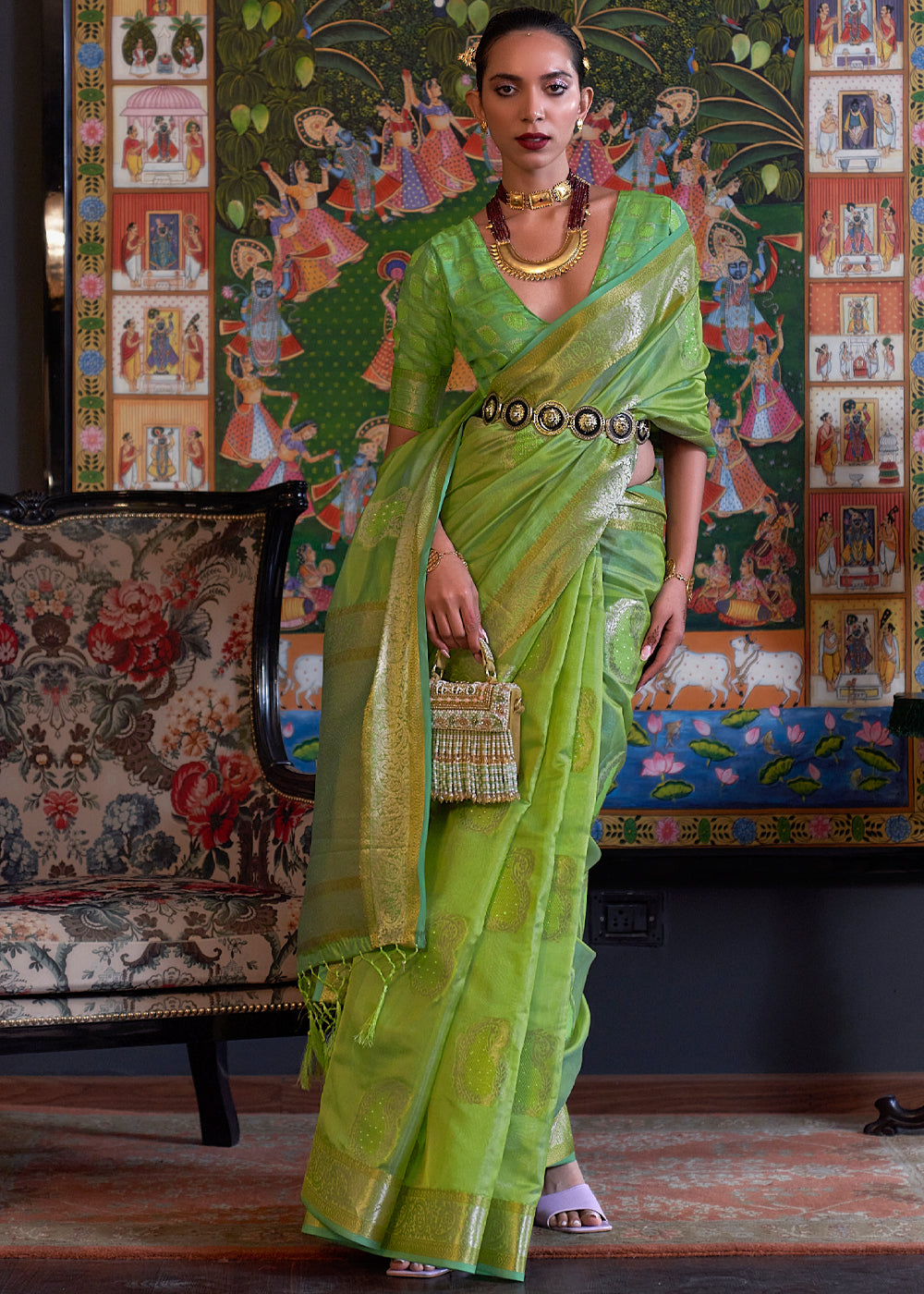 Pista Green Woven Banarasi Organza Silk Saree