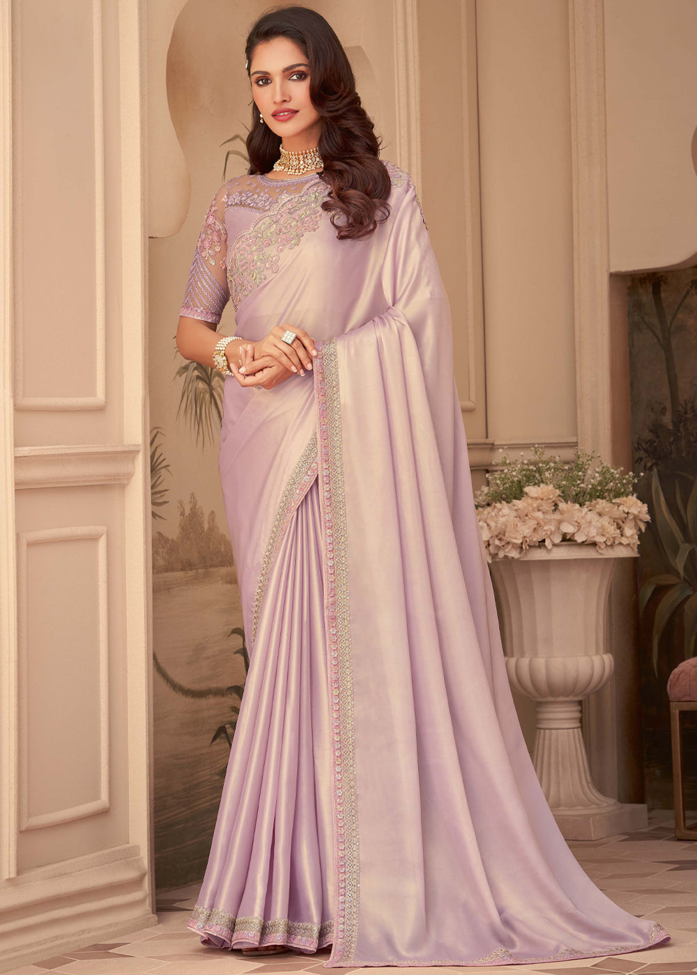 Rose Fog Purple Georgette Designer Saree with Embroidered Blouse