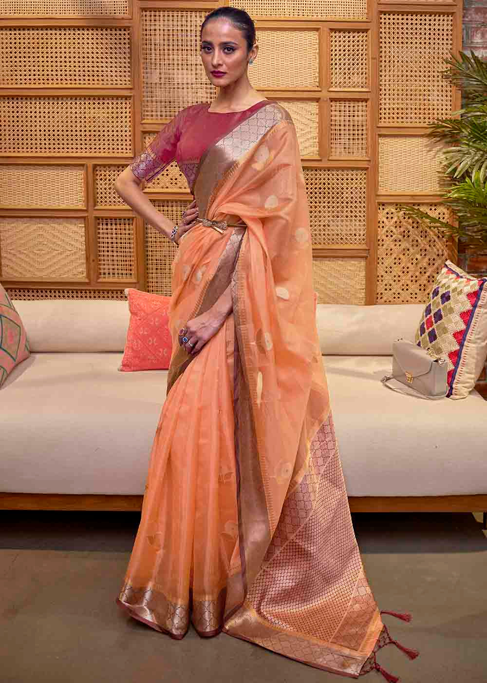 Sandy Orange Zari Woven Two Tone Organza Saree