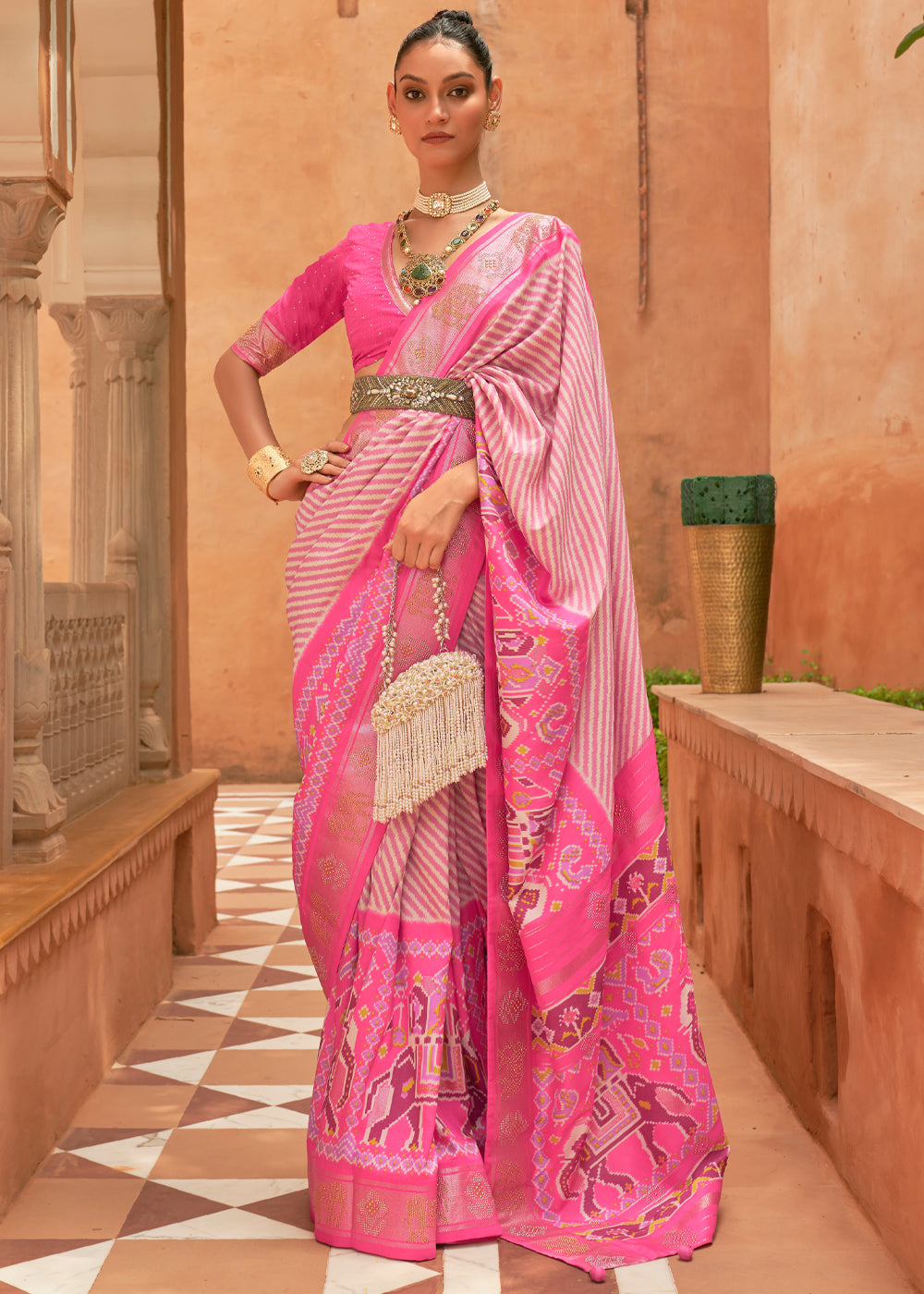 Blush Pink Patola Silk Saree