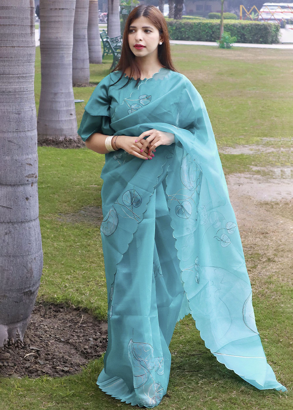 Turquoise Blue Digital Floral Print Organza Saree