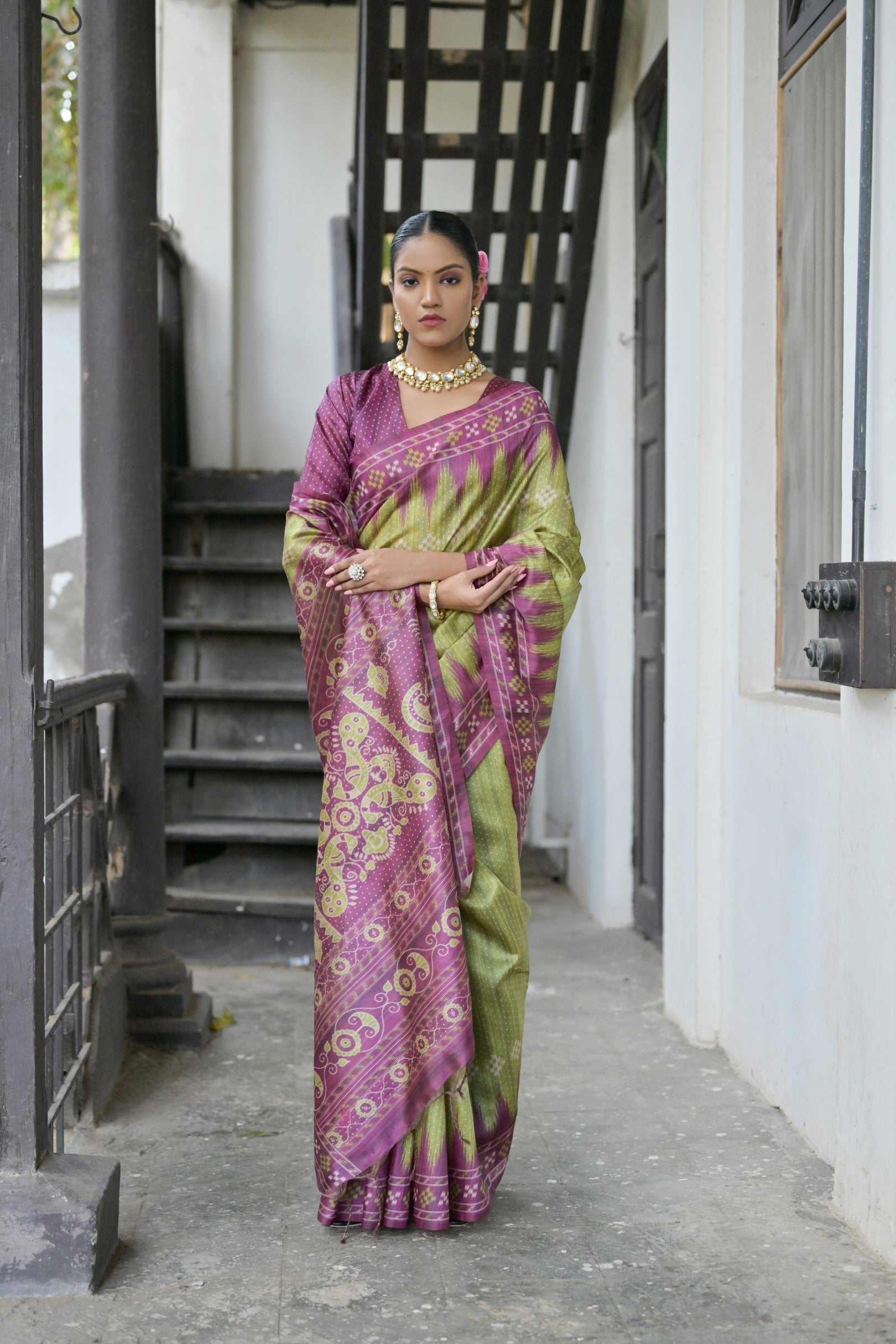 Smoke Green and Purple Printed Tussar Silk Saree