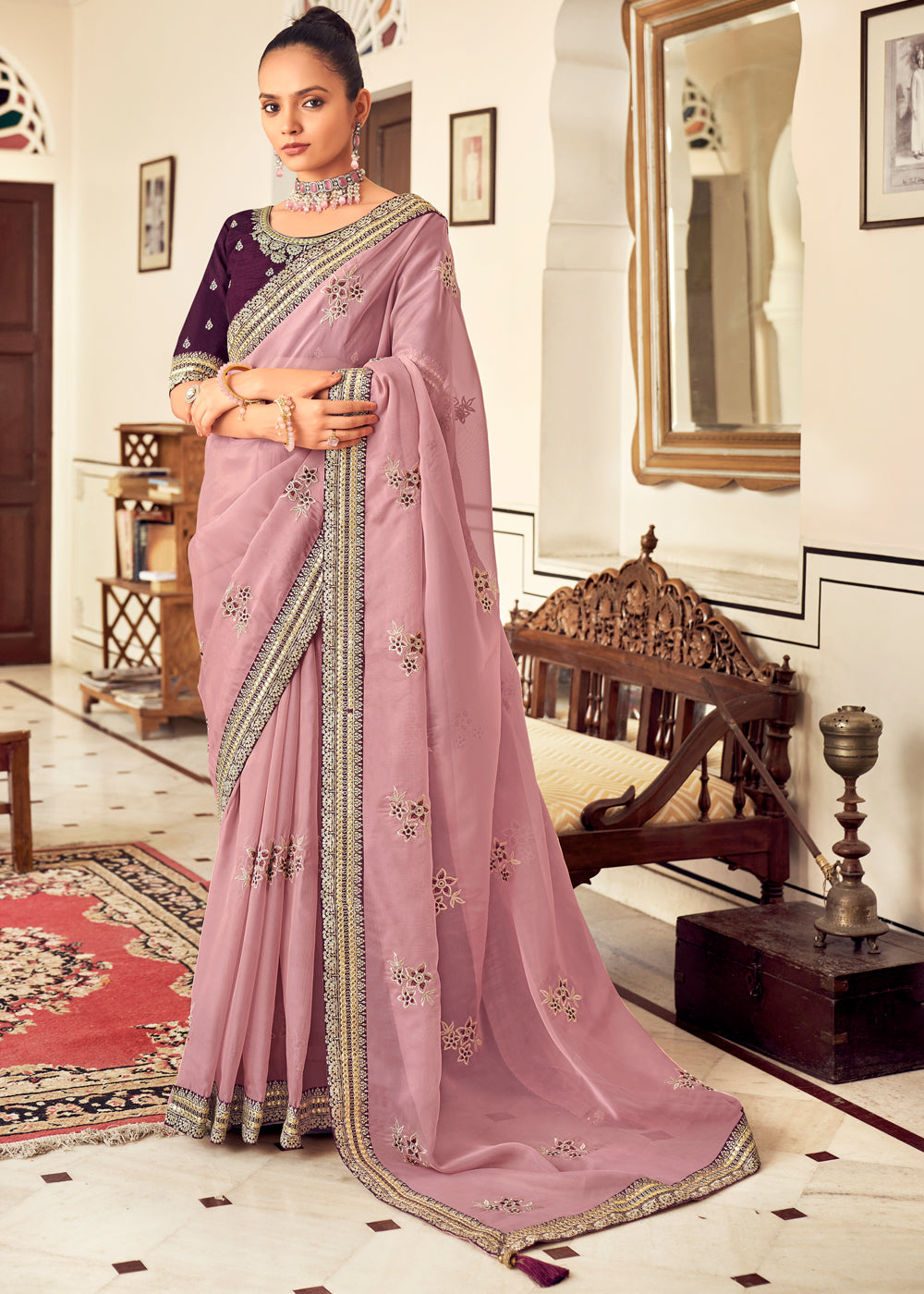 Puce Pink Woven Banarasi Georgette Silk Saree