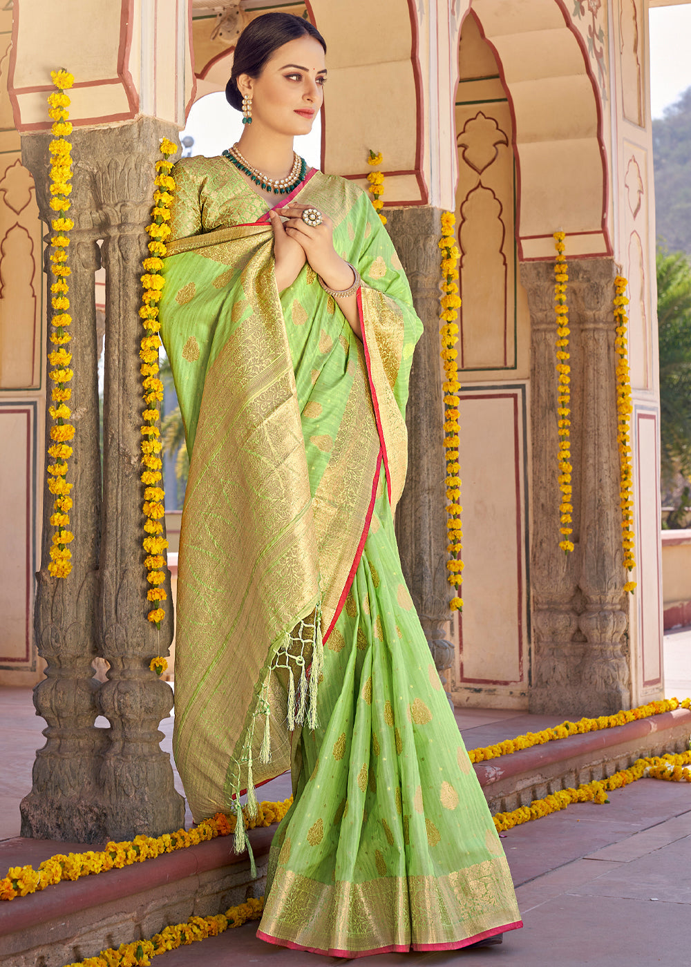 Primrose Green Zari Woven Banarasi Linen Saree