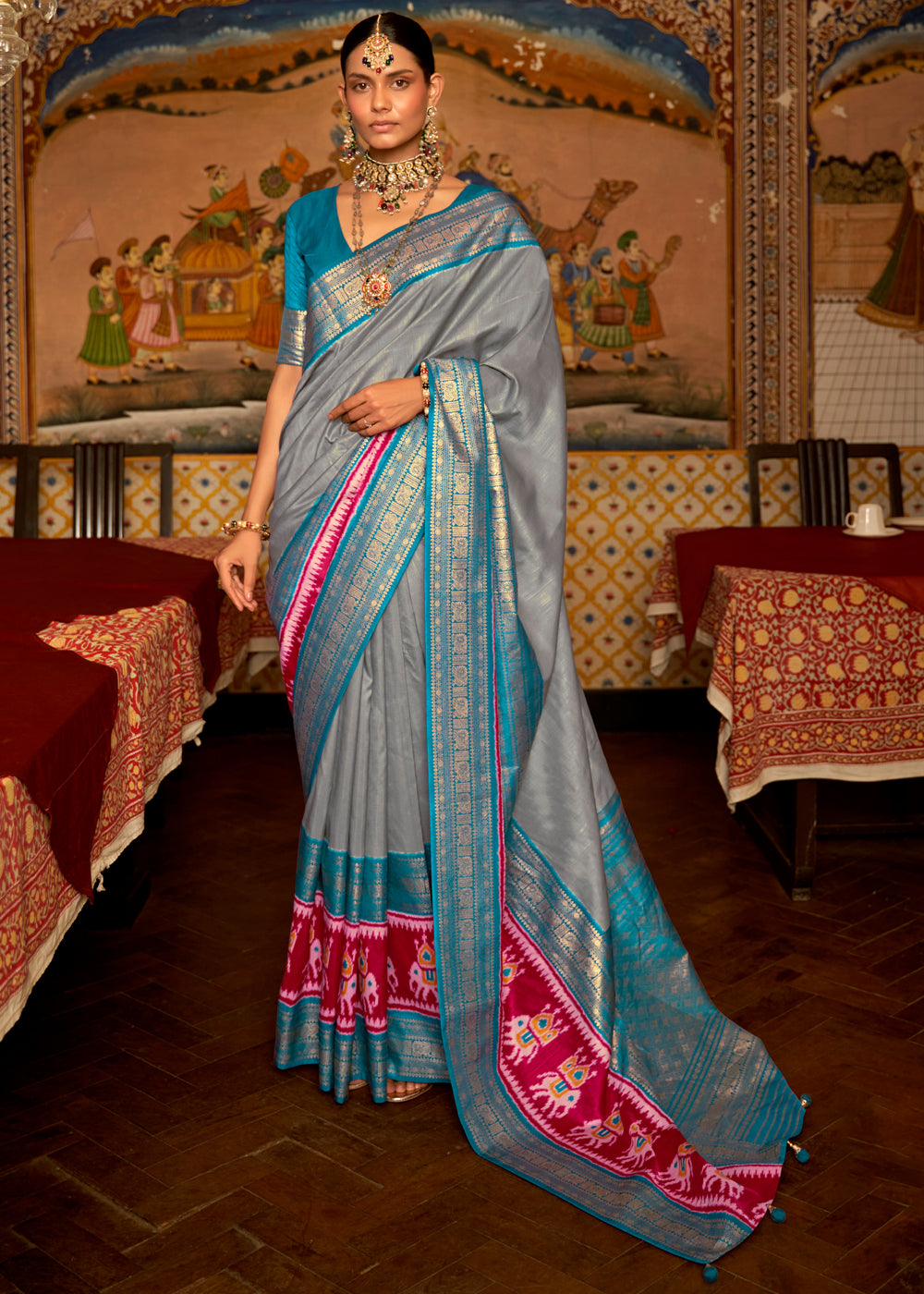 Natural Grey and Blue Banarasi Patola Saree